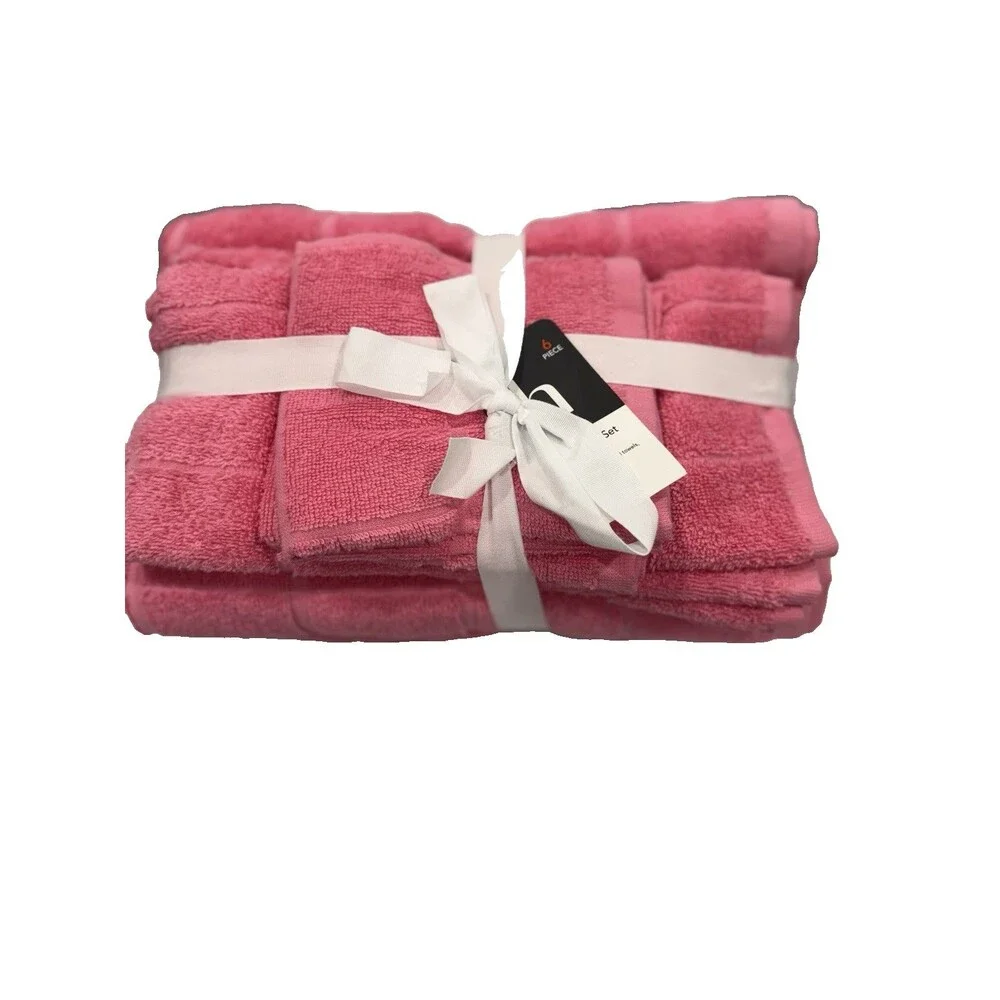 Home Expressions 6 Piece Bath Towel Set 100% Cotton Pink Lemonade NEW